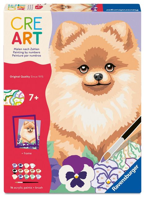 "CRE ART" in bunten Buchstaben, ein lächelnder Hund, Malen nach Zahlen Set, Pinsel und Farben abgebildet.
