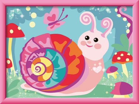 Illustration: Bunte Schnecke mit Regenbogenhaus, fröhlich lächelnd, umgeben von Pilzen und Glitzer in einem Wald.