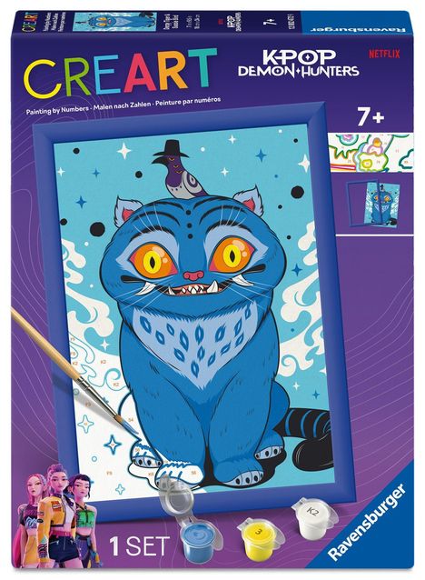 „CREART“, „K-Pop Demon Hunters“, „Malen nach Zahlen“. Ein Set für Kinder ab 7 Jahren. Illustration: Blaue Katze mit krähengleichem Vogel.