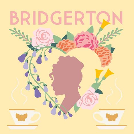 „BRIDGERTON“ in Großbuchstaben, pastellfarbenes Design, Silhouette einer Frau mit Blumen, zwei Tassen mit Schmetterlingen.