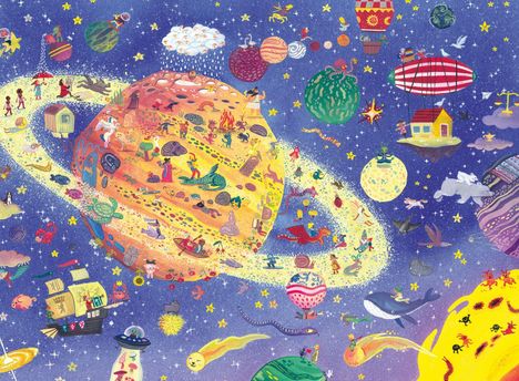 Eine bunte Illustration mit einem Saturn-ähnlichen Planeten, von fantastischen Figuren bevölkert, im Weltraum mit Sternen.