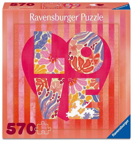 "570", "Ravensburger Puzzle". Bunte Buchstaben "LOVE" auf rosa Herz, florales Muster.