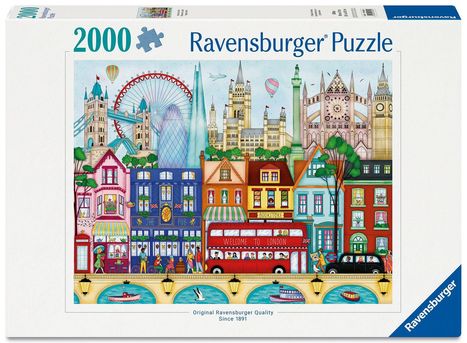 2000 Teile Ravensburger Puzzle zeigt London-Illustration mit Wahrzeichen und bunten Häusern. Schriftzug: "Welcome to London".