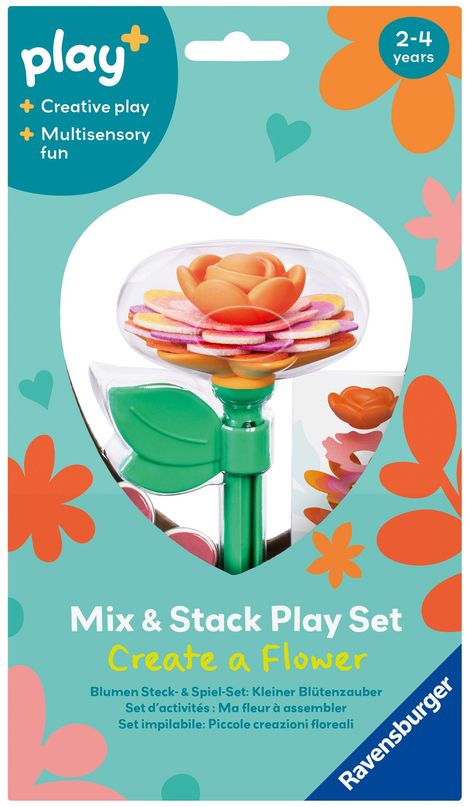 Text: "Mix & Stack Play Set: Create a Flower". Illustration einer stapelbaren Blumenspielzeug-Verpackung.
