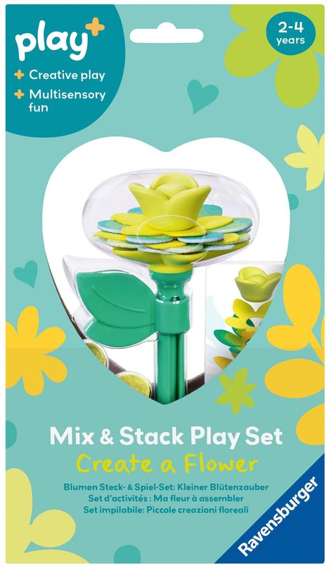 Text: "Mix & Stack Play Set", "Create a Flower", "2-4 years". Illustration des Steck-Blumensets mit grünen Blättern.