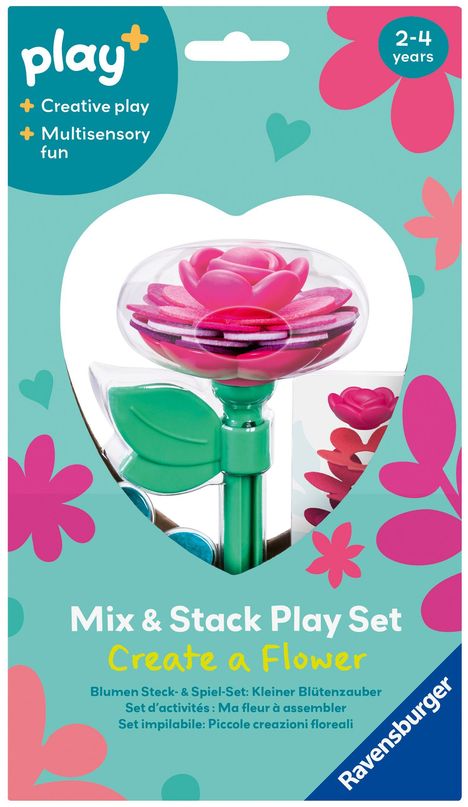 "Mix & Stack Play Set. Create a Flower. Für 2-4 Jahre. Enthält bunte Blumen, Blätter und Stiel. Ravensburger Logo unten."