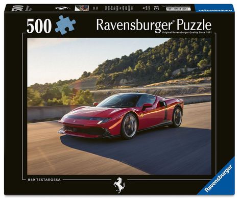 Ravensburger Puzzle, 500 Teile. Abgebildet ist ein roter Sportwagen auf einer Straße, umgeben von Landschaft.