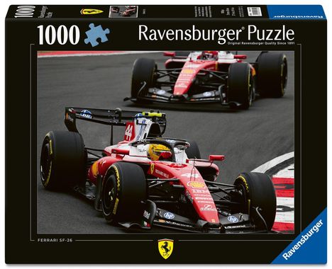 "Ravensburger Puzzle 1000: Zwei rot-weiße Formel 1-Autos auf einer Rennstrecke. Ferrari SF-26, vorne das Ferrari-Logo."