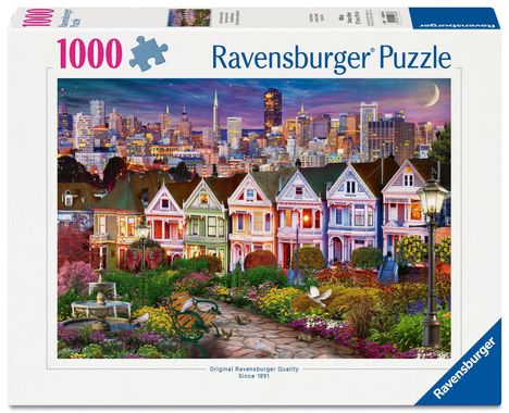 Text: "1000 Ravensburger® Puzzle." Illustration von bunten Häusern vor einer Skyline, beleuchtete Straße mit Laternen.