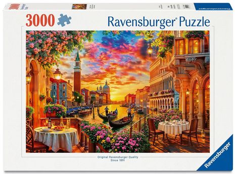 Text: "3000 Ravensburger Puzzle". Illustration eines romantischen Kanals bei Sonnenuntergang mit Gondeln und blühenden Terrassen.