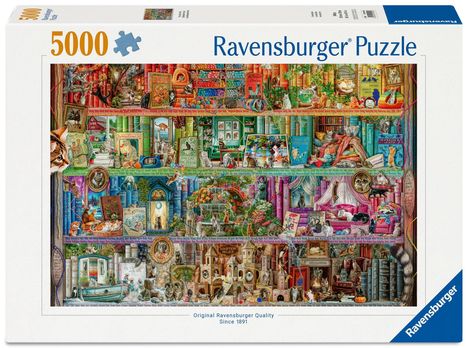 "5000 Ravensburger Puzzle. Buchregale voller bunter Katzenbilder und Bücher mit Katzenmotiven in einem verspielten Design."