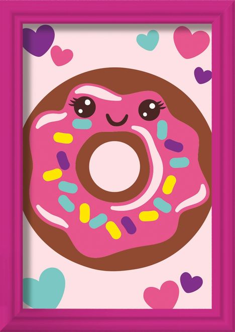 Illustration: Donut mit rosa Zuckerguss, Gesicht und bunten Streuseln, umgeben von bunten Herzen. Hellrosa Rahmen.