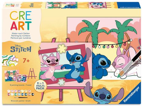 „CRE ART“ und „Disney Stitch“. Malen nach Zahlen Set mit zwei bunten Figuren, Palmen im Hintergrund. Ab 7 Jahren.