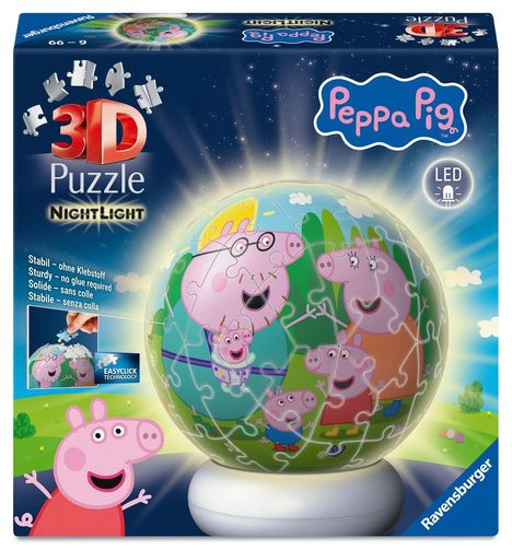 "3D Puzzle Nightlight", "Peppa Pig", LED, stabil ohne Klebstoff. Illustration: Peppa und Familie auf einem kugelförmigen Puzzle.