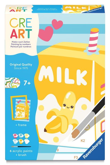 "CRE ART", "Malen nach Zahlen", "Original Quality Since 1975", "7+", "6 acrylic paints + brush". Illustration einer Milchpackung mit Banane.