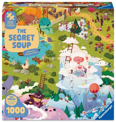 Texte: "THE SECRET SOUP", "Magic Puzzle Company", "Original Art by Margaux Peltat", "1000", "Tiny Worlds". 

Eine bunte, fantasievolle Illustration mit spielenden und arbeitenden Figuren in einer Landschaft.