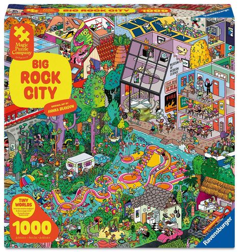 "BIG ROCK CITY" steht auf gelben Grund. Illustration einer bunten, belebten Stadt mit vielen Details und Aktivitäten.