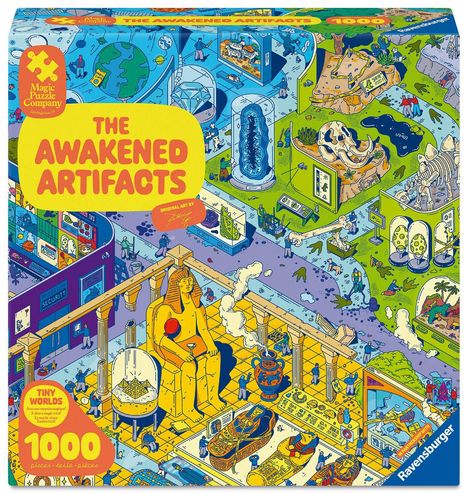 „THE AWAKENED ARTIFACTS“ in großen, gelben Buchstaben. Detailreiche Illustration eines Museums mit Sphinx und Dinosauriern.