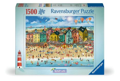 "1500 Ravensburger Puzzle, BEACH LIFE." Bunte Strand- und Stadtansicht mit vielen Menschen, Luftballons und einem Leuchtturm.