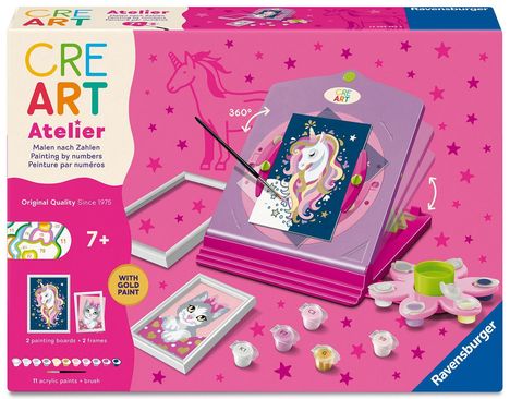 CRE ART Atelier, Malen nach Zahlen, 7+, Original Quality Since 1975. Illustration: ein Einhorn und Malutensilien, pinker Hintergrund.