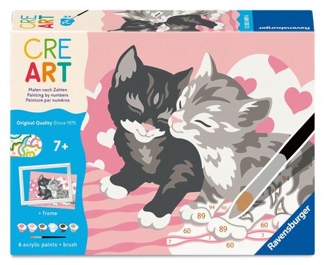 Text: CRE ART, Malen nach Zahlen, Painting by numbers, Peinture par numéros, Original Quality Since 1975, 7+, 6 acrylic paints + brush, Ravensburger. Illustration von zwei kuschelnden Katzen vor einem rosa Hintergrund mit Herzen.