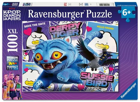 "Save the Date", "Hello Friend", "Derpy Tiger", "Sussie Bird". Buntes Puzzle mit blauem Tier und Vogel. Ab 6 Jahren.