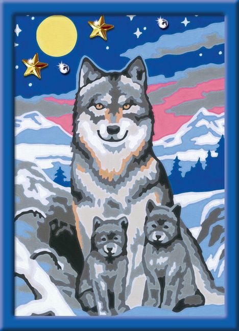 Eine Illustration: Ein großer Wolf mit zwei Jungen vor schneebedeckten Bergen, Sternen und Mond am Himmel.