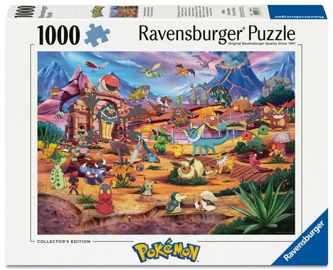 „1000 Ravensburger Puzzle“ und „Pokémon“. Eine bunte Landschaft mit verschiedenen Pokémon vor Vulkan und Ruinen.