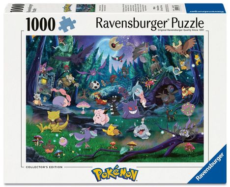 Ravensburger Puzzle mit 1000 Teilen. Pokémon-Gemälde mit verschiedenen Figuren in einem Wald bei Nacht.