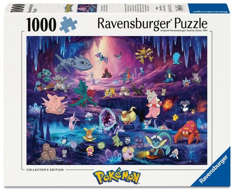 "1000 Ravensburger Puzzle. Pokémon in einer Höhle voller schillernder Kristalle. Bunte Pokémon-Sammlung auf dunklem Hintergrund."