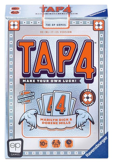 "TAP4" in großen Buchstaben, darunter "Make Your Own Luck!" Spieleverpackung mit Kartenmotiv und blau-orangefarbener Gestaltung.