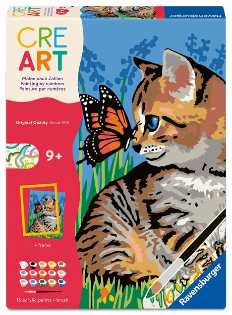 "CRE ART", Malen nach Zahlen Set für 9+, zeigt ein Kätzchen mit Schmetterling, 15 Acrylfarben und Pinsel enthalten.