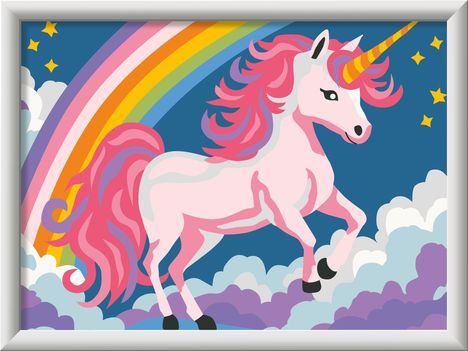 Keine Texte. Illustration eines rosa Einhorns mit Regenbogen und Sternen am Himmel.