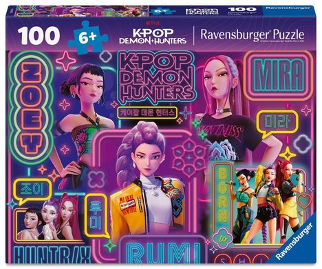 "100, 6+, KPOP DEMON HUNTERS, ZOEY, MIRA, RUMI, BORN TO SHINE, HUNTR/X" in bunten Neonbuchstaben mit Figuren.