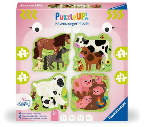 Puzzle UP! Bauernhoftiere von Ravensburger, 12004001 - 4 konturgeformte Puzzles mit 4, 6, 8, 10 Teilen, mit großen Bildvorlagen und Wissensheft, für Kinder im Alter von 2 Jahren, Diverse