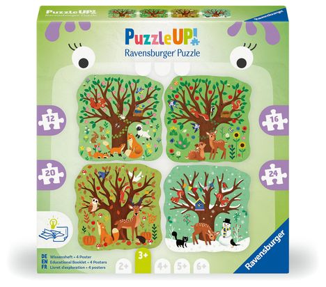 Puzzle UP! Vier Jahreszeiten von Ravensburger, 12004002 - 4 konturgeformte Puzzles mit 12, 16, 20, 24 Teilen, mit großen Bildvorlagen und Wissensheft, für Kinder im Alter von 3 Jahren, Diverse