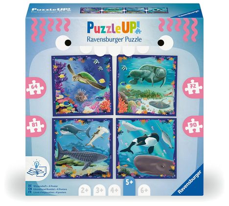 Puzzle UP! Meerestiere von Ravensburger, 12004004 - 4 Puzzles mit 64, 72, 81, 90 Teilen zum Kombinieren und mit extra Wissensheft, für Kinder im Alter von 5 Jahren, Diverse