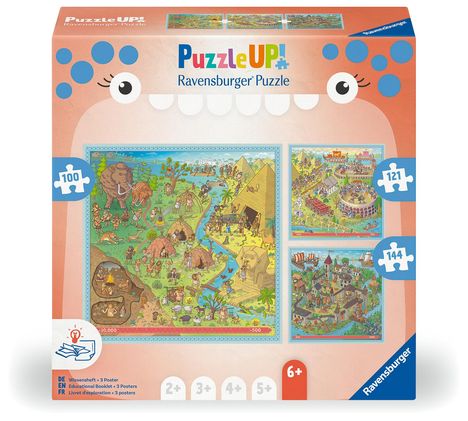 Puzzle UP! Geschichte von Ravensburger, 12004005 - 3 Puzzles mit 100, 121, 144 Teilen zum Kombinieren und mit extra Wissensheft, für Kinder im Alter von 6 Jahren, Diverse