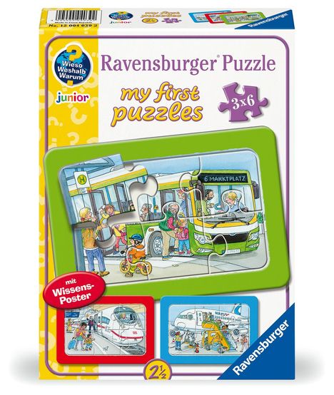 Ravensburger Kinderpuzzle - 12004039 Unterwegs mit Bus, Bahn und Flugzeug - my first puzzle mit 3x6 Teilen und mit Wieso? Weshalb? Warum? Wissensposter, für Kinder ab 2,5 Jahren, Diverse