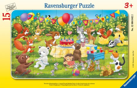 Ravensburger Kinderpuzzle - 12004042 Tierische Geburtstagsfeier - Rahmenpuzzle für Kinder ab 3 Jahren, mit 15 Teilen, Diverse