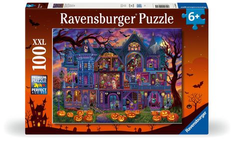 Text: "Ravensburger Puzzle", "6+", "XXL 100", "Premium Puzzle", "Perfect Age Fit".  
Illustration: Spukschloss, Kürbisse, Fledermäuse.
