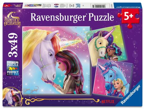 Ravensburger Kinderpuzzle - 12004163 Unicorn Academy - Puzzle für Kinder ab 5 Jahren, mit 3x49 Teilen, Diverse