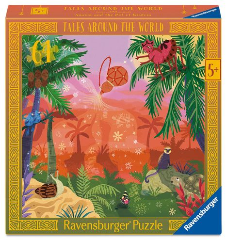 "Tales Around the World", "64", "5+". Illustration eines Waldes mit Tieren, Palmen und einem leuchtenden Topf.