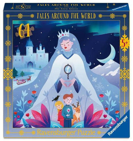 "Tales Around the World", "The Snow Queen", "64", "5+", Illustration: Schneekönigin mit Krone, Kinder und Rentier vor Schloss.