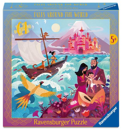 "Tales Around the World", "64", "5+", "Ravensburger Puzzle". Illustration: Boot, Burg, Familie, bunte Landschaft.