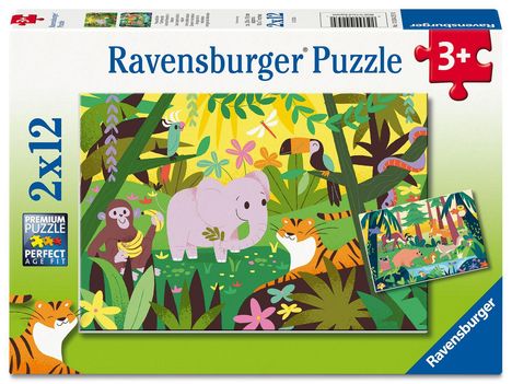 Text: "Ravensburger Puzzle 2x12", "3+". Illustration eines Dschungels mit Elefant, Tiger, Affe und Vögeln.