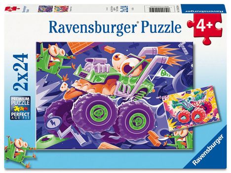 "Ravensburger Puzzle 4+, 2x24. Illustration eines grünen Monsters in einem Jeep mit großen Rädern und lustigen Augen."