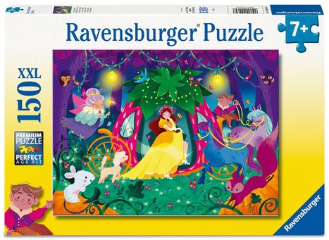 „Ravensburger Puzzle“, „150 XXL“, „7+“. Illustration: Märchenszene mit bunter Kutsche, Fee, Tieren und schlafender Frau.