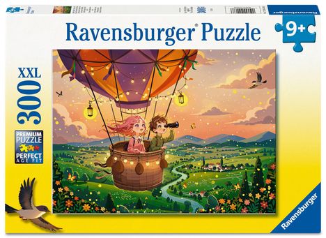 "Ravensburger Puzzle 300 XXL, 9+, Premium Puzzle, Perfect Age Fit." Illustration eines Heißluftballons bei Sonnenuntergang.