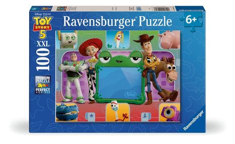 "Toy Story 5", "Ravensburger Puzzle", "6+", "100 XXL". Figuren aus Toy Story, wie Buzz, Woody und Jessie, sind abgebildet.
